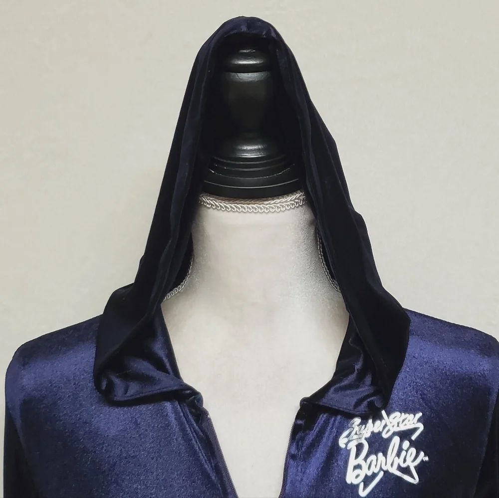 Rare Retro Barbie Loves Splash Silver Superstar Barbie Dark Indigo Velvet Hoodie - Picture 5 of 15